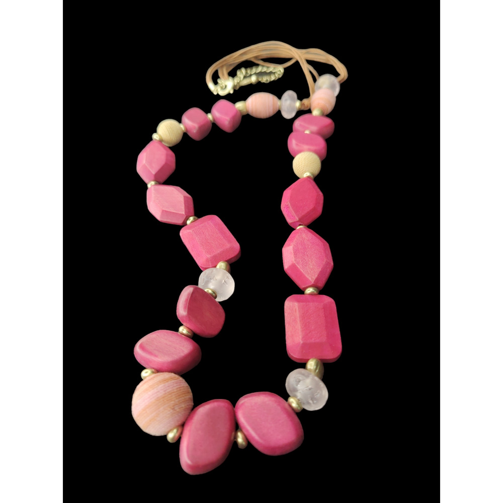 Chicos 22" Leather straps with clear, gold and wooden beads